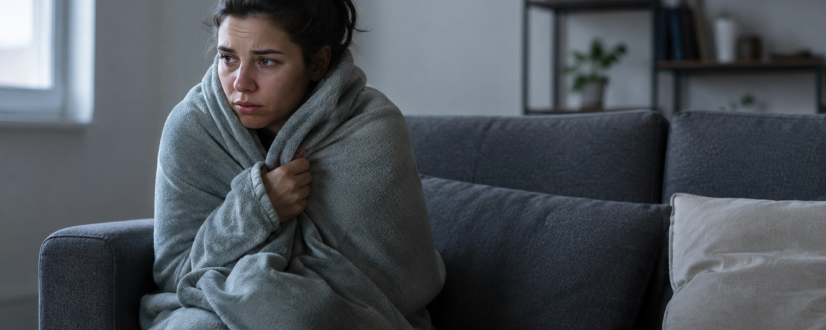 Person wrapped in a blanket sitting on a sofa because one room in their home feels colder than the rest during winter.