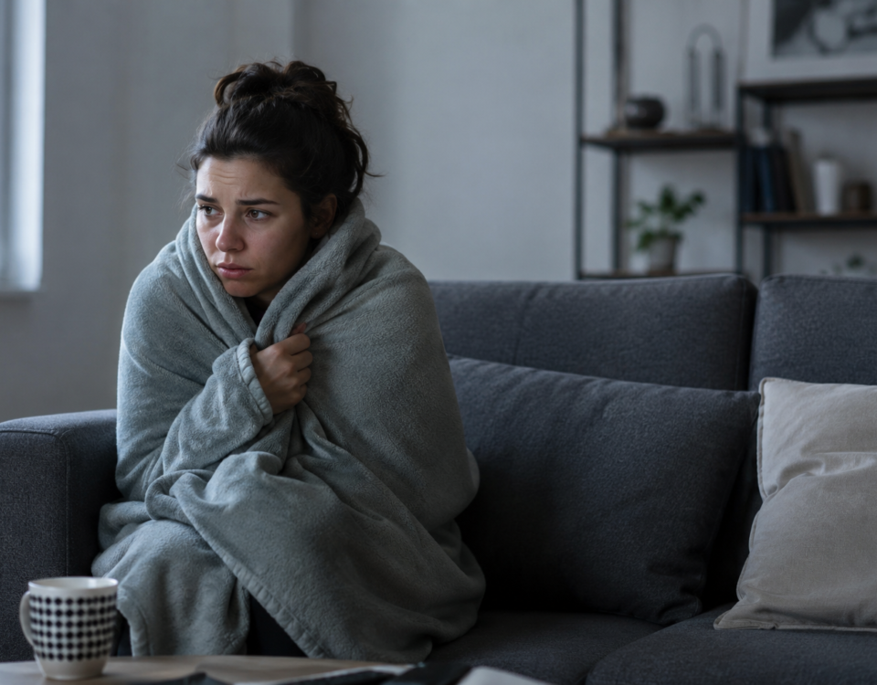 Person wrapped in a blanket sitting on a sofa because one room in their home feels colder than the rest during winter.