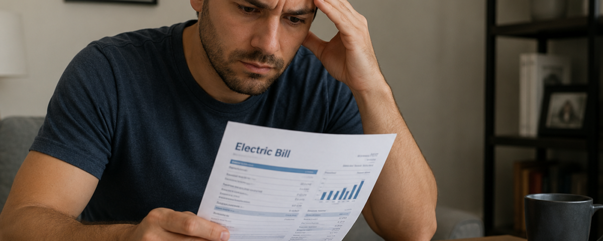 Alt Text Homeowner reviewing a high electricity bill while looking for ways to reduce heating costs during winter.