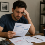 Alt Text Homeowner reviewing a high electricity bill while looking for ways to reduce heating costs during winter.