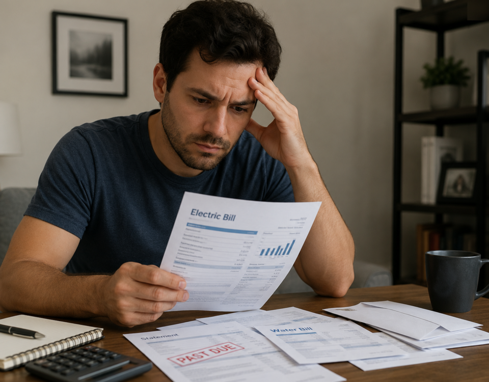 Alt Text Homeowner reviewing a high electricity bill while looking for ways to reduce heating costs during winter.