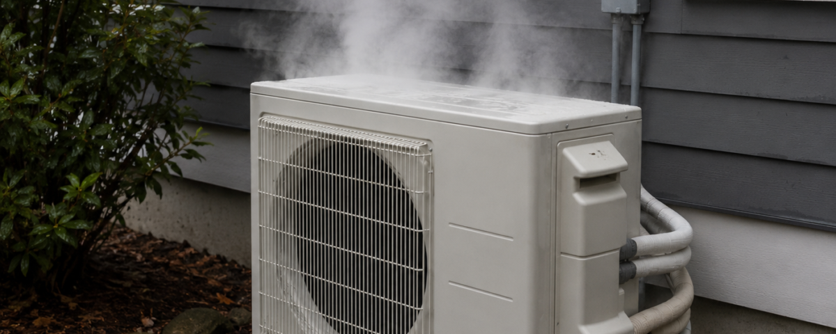 Outdoor air conditioning unit producing steam during a normal winter defrost cycle while operating in heating mode.