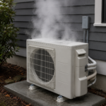 Outdoor air conditioning unit producing steam during a normal winter defrost cycle while operating in heating mode.
