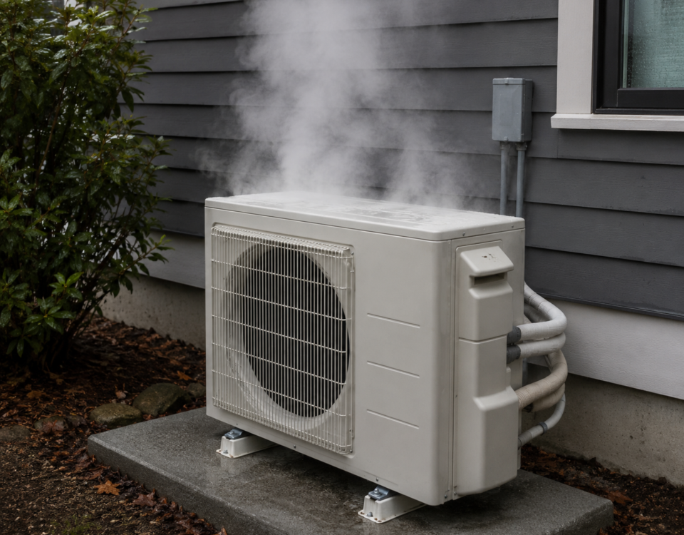 Outdoor air conditioning unit producing steam during a normal winter defrost cycle while operating in heating mode.