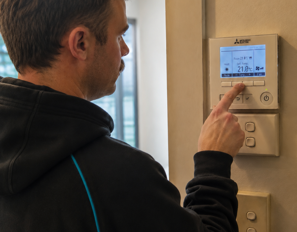 Morphett Air technician adjusting a Mitsubishi Electric wall controller set to 21°C in heating mode during winter.